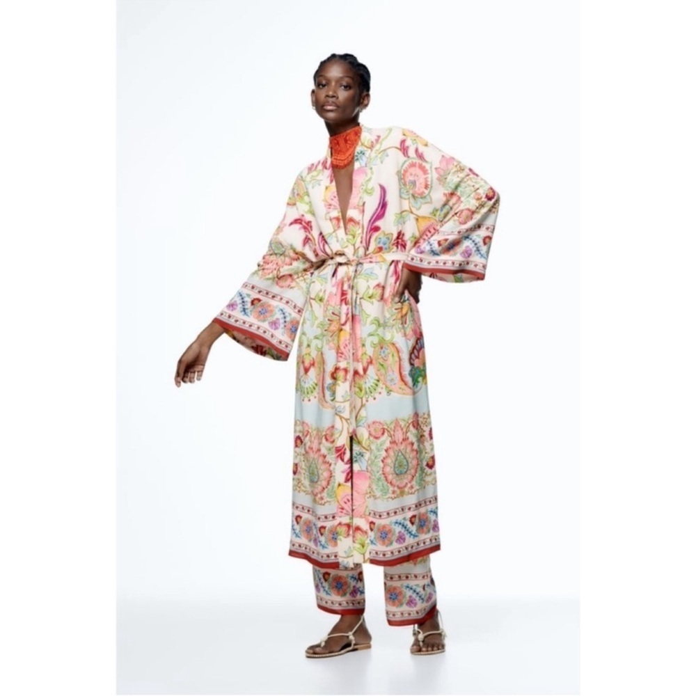 Zara floral white red kimono blogger‎ robe duster jacket size S New with Tags 🟢 - Picture 2 of 12